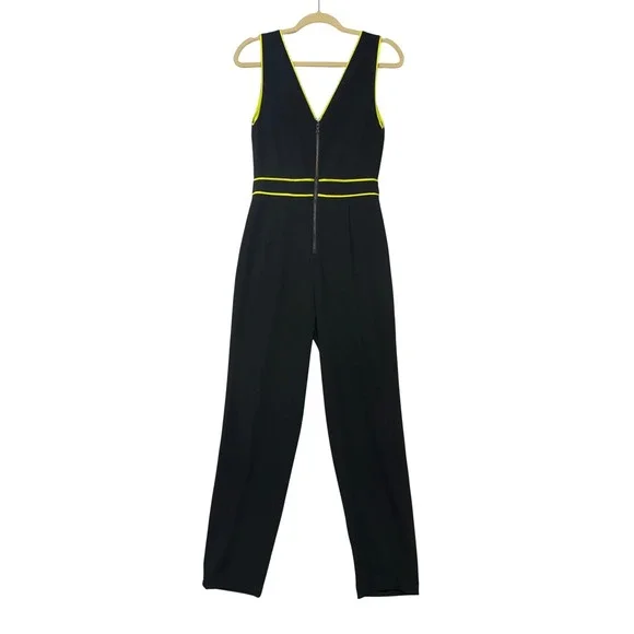 Alice + Olivia Black Neon Yellow Piping V-Neck Sleeveless Jumpsuit Size 4 - Picture 6 of 13
